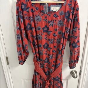 Anthropologie Dark Orange Floral Long-Sleeve Dress with Navy Print